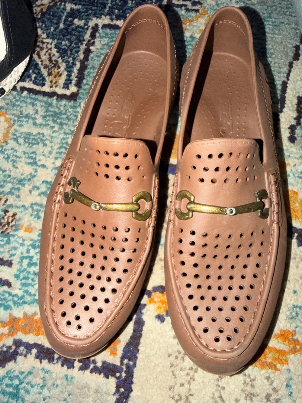 Men's Perforated Slip-On Loafers in Tan with Gold Bit